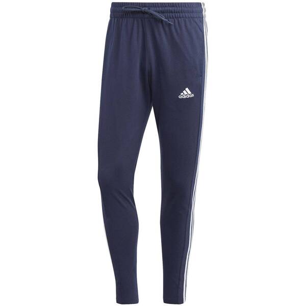 Spodnie męskie adidas Essentials Single Jersey Tapered Open Hem 3-Stripes granatowe IC0045